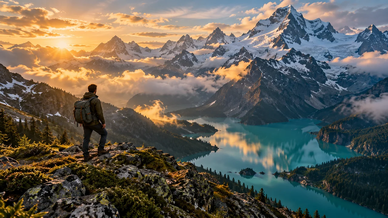 Un voyageur face à un lac turquoise et aux montagnes éclairées par le soleil