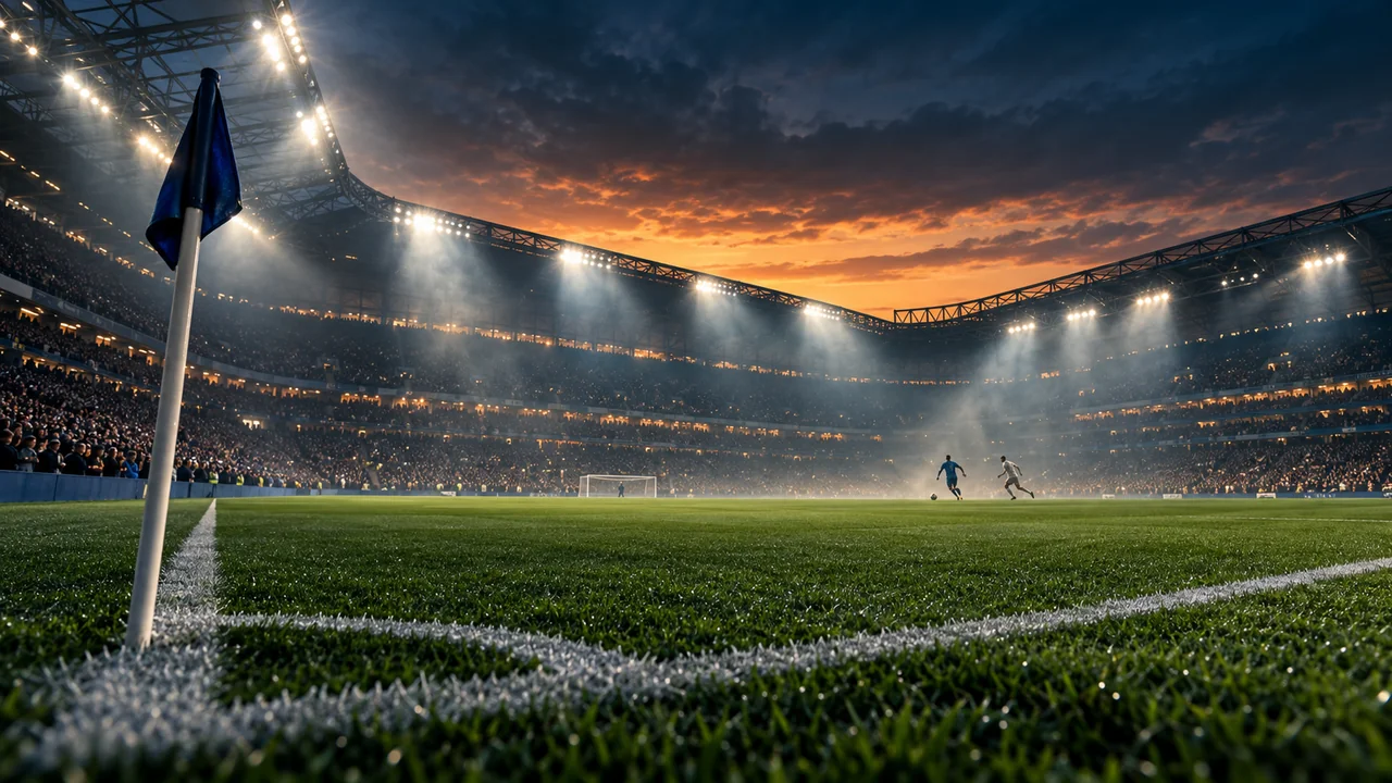 Un stade de football sous les projecteurs à la tombée du jour